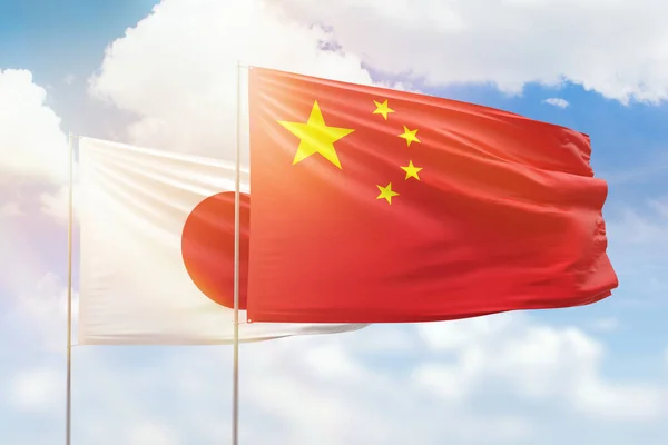 Sunny Blue Sky Flags China Japan — 图库照片