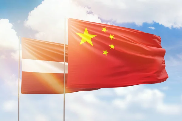 Sunny Blue Sky Flags China Latvia — Fotografia de Stock