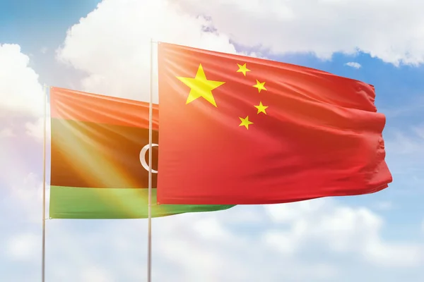Sunny Blue Sky Flags China Libya — Stock fotografie