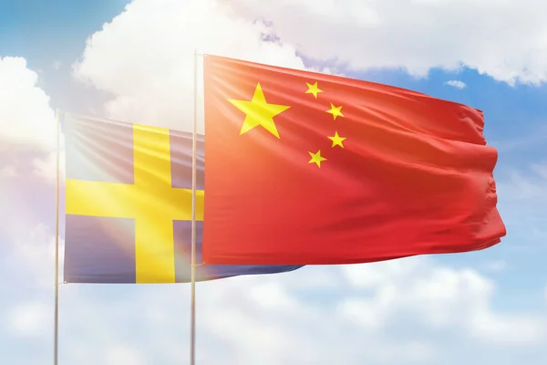 Sunny Blue Sky Flags China Sweden —  Fotos de Stock