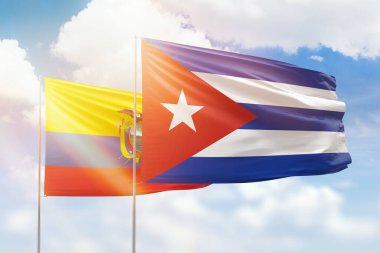 Sunny blue sky and flags of cuba and ecuador