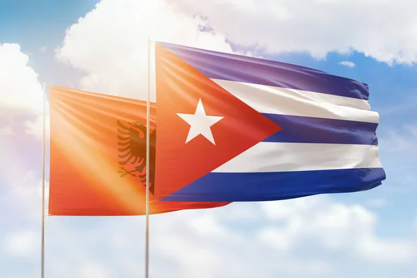 Sunny Blue Sky Flags Cuba Albania — 스톡 사진