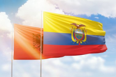 Sunny blue sky and flags of ecuador and albania