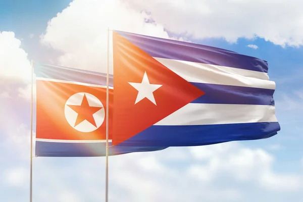 Sunny Blue Sky Flags Cuba North Korea — Fotografia de Stock