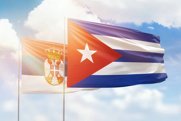 Sunny Blue Sky Flags Cuba Serbia — Stock fotografie