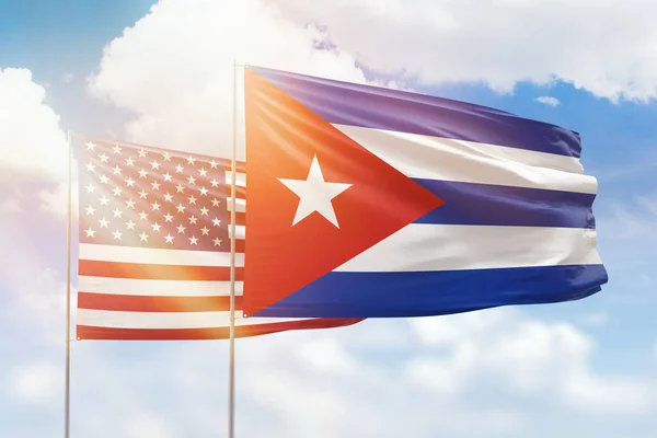 Sunny Blue Sky Flags Cuba Usa — Stockfoto