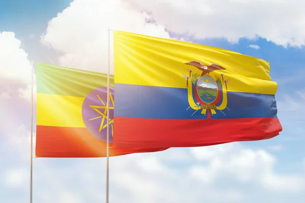 Sunny Blue Sky Flags Ecuador Ethiopia — Stock Photo, Image
