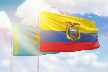 Sunny blue sky and flags of ecuador and kazakhstan