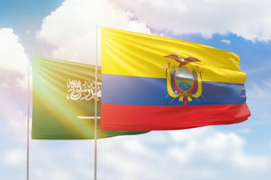 Sunny blue sky and flags of ecuador and saudi arabia
