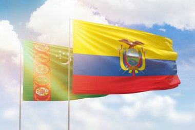 Sunny blue sky and flags of ecuador and turkmenistan