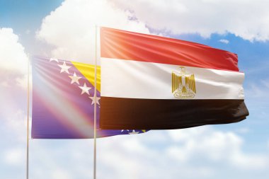 Sunny blue sky and flags of egypt and bosnia