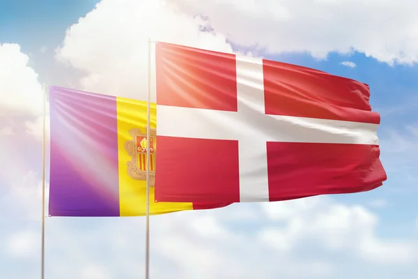 Sunny Blue Sky Flags Denmark Andorra — Stock fotografie