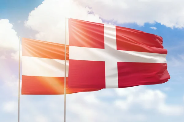 Sunny Blue Sky Flags Denmark Austria — стоковое фото