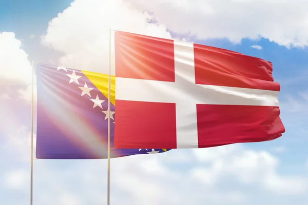 Sunny Blue Sky Flags Denmark Bosnia — Φωτογραφία Αρχείου