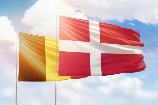 Sunny Blue Sky Flags Denmark Belgium — Stock fotografie