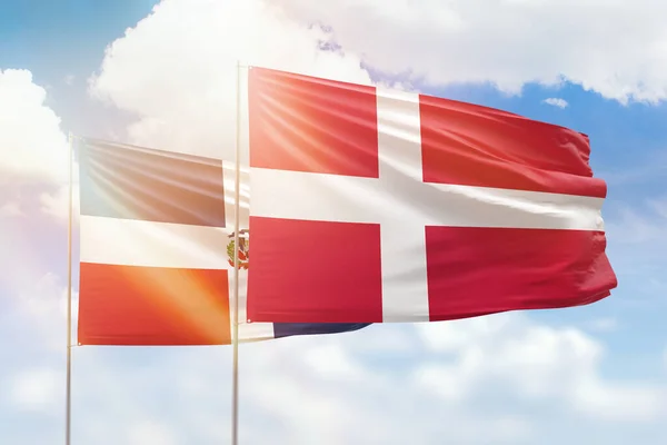 Sunny Blue Sky Flags Denmark Dominican Republic — Stockfoto