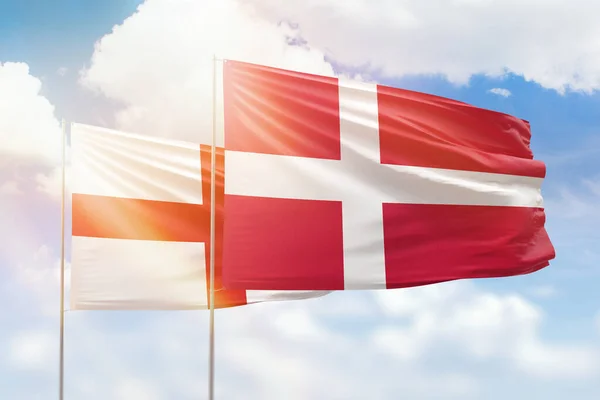 Sunny Blue Sky Flags Denmark England — стоковое фото