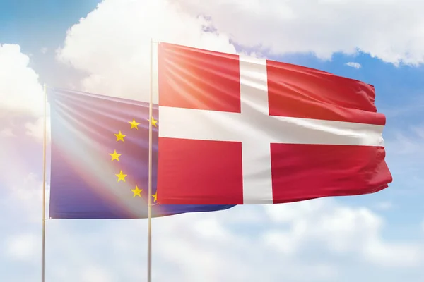 Sunny Blue Sky Flags Denmark European Union — Zdjęcie stockowe