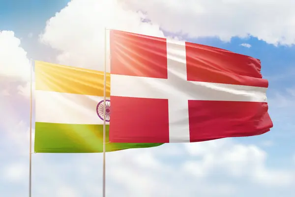 Sunny Blue Sky Flags Denmark India — Zdjęcie stockowe