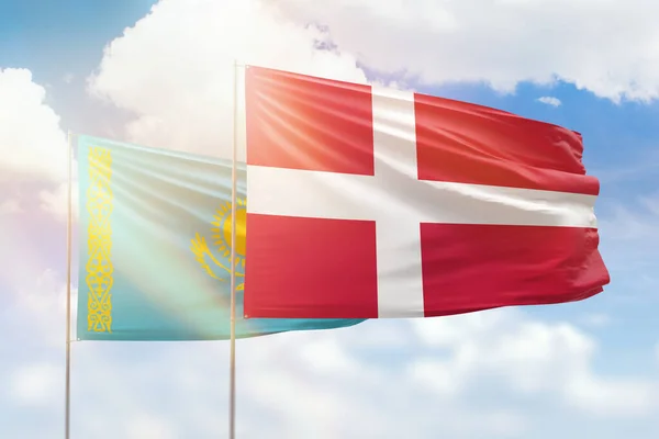 Sunny Blue Sky Flags Denmark Kazakhstan — Stock fotografie