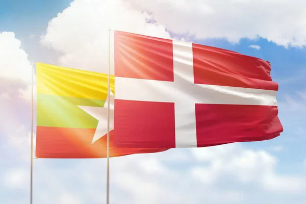 Sunny Blue Sky Flags Denmark Myanmar — Stock fotografie