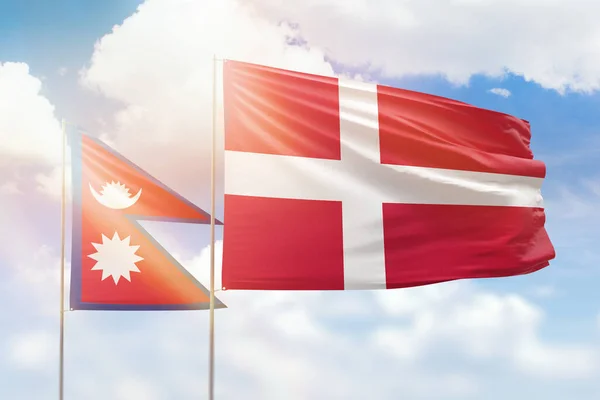 Sunny Blue Sky Flags Denmark Nepal — Stock fotografie