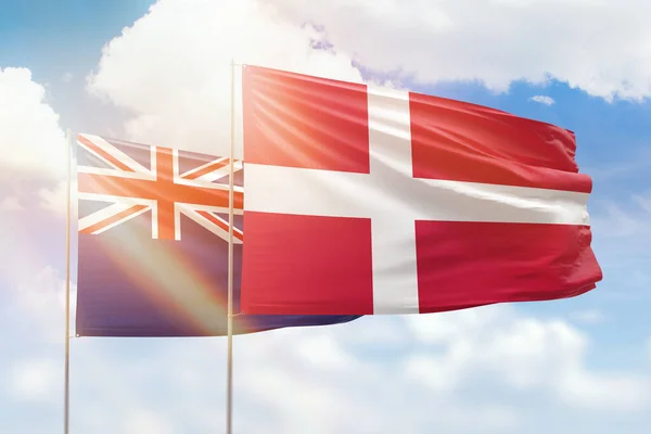 Sunny Blue Sky Flags Denmark New Zealand — Photo