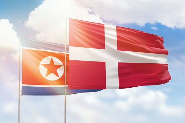 Sunny Blue Sky Flags Denmark North Korea — Zdjęcie stockowe