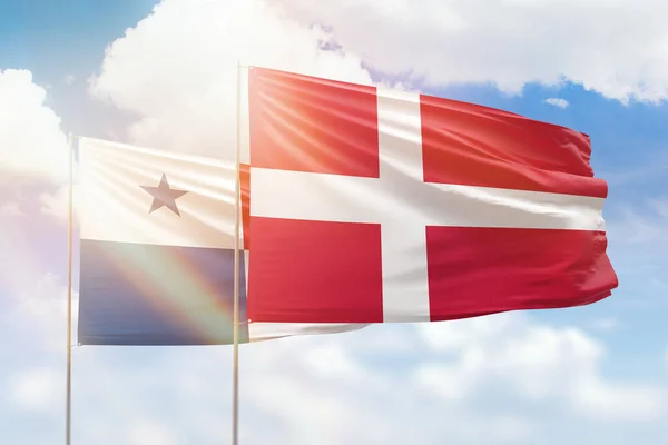 Sunny Blue Sky Flags Denmark Panama — Stock fotografie