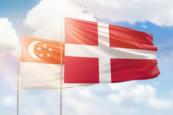 Sunny Blue Sky Flags Denmark Singapore — Zdjęcie stockowe