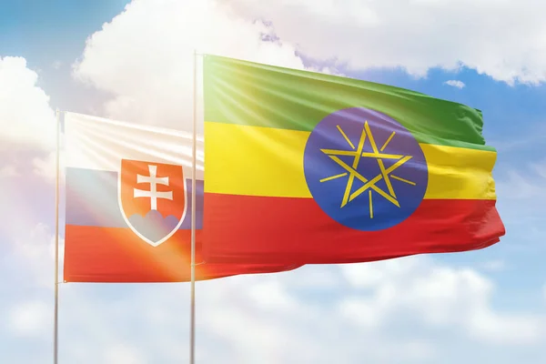Sunny Blue Sky Flags Ethiopia Slovakia — стокове фото
