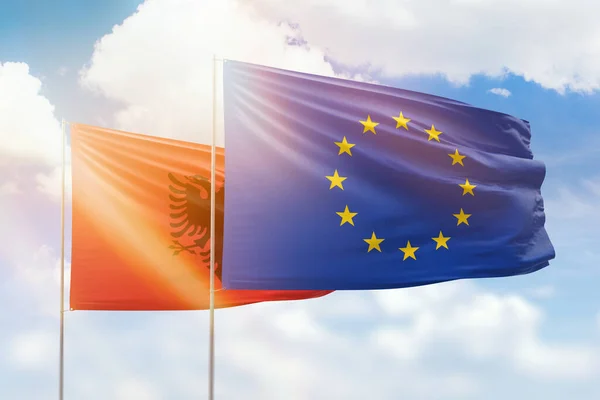 Sunny Blue Sky Flags European Union Albania — Stock Photo, Image