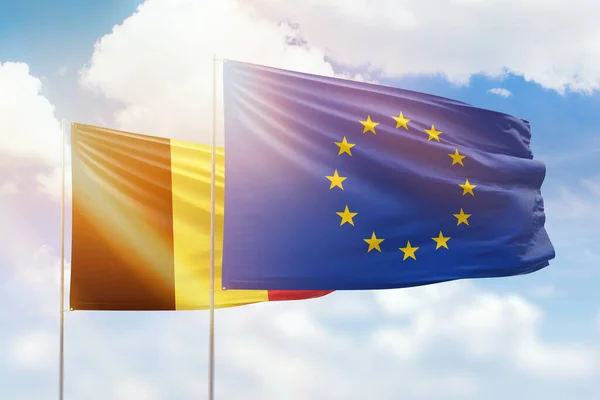 Sunny Blue Sky Flags European Union Belgium — Stock Photo, Image