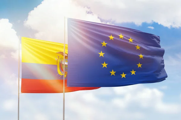 Sunny Blue Sky Flags European Union Ecuador — Stock Photo, Image
