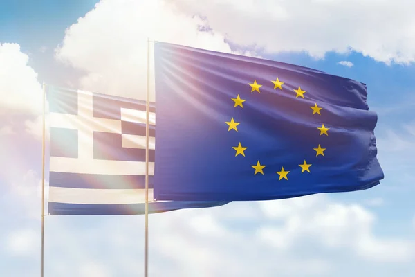 Sunny Blue Sky Flags European Union Greece — Stok fotoğraf