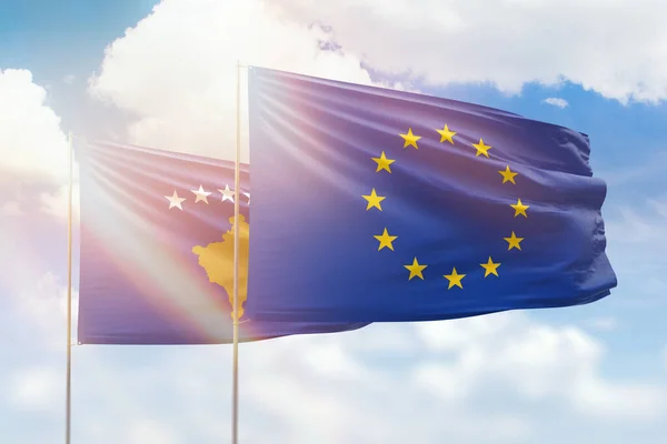 Sunny Blue Sky Flags European Union Kosovo — 图库照片