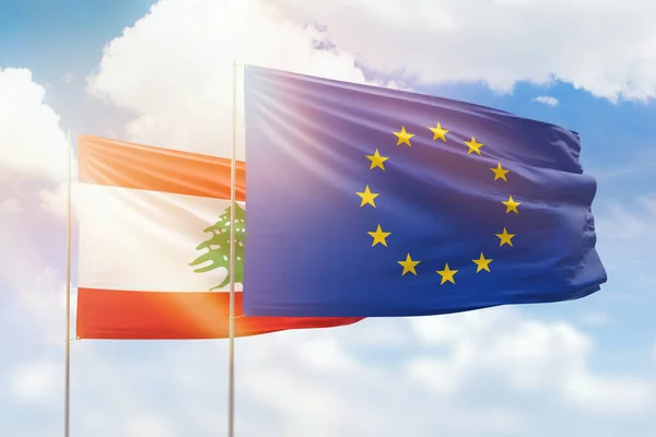 Sunny Blue Sky Flags European Union Lebanon — Stock Photo, Image