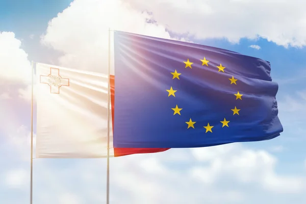 Sunny Blue Sky Flags European Union Malta — Stock Photo, Image