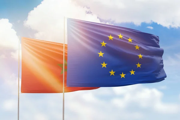 Sunny Blue Sky Flags European Union Morocco — Stock Photo, Image