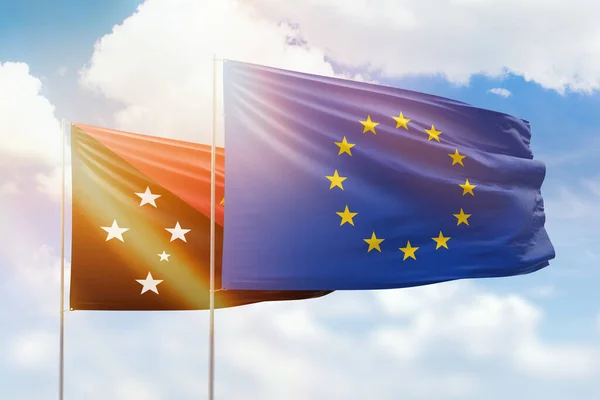 Sunny Blue Sky Flags European Union Papua New Guinea — Stock Photo, Image