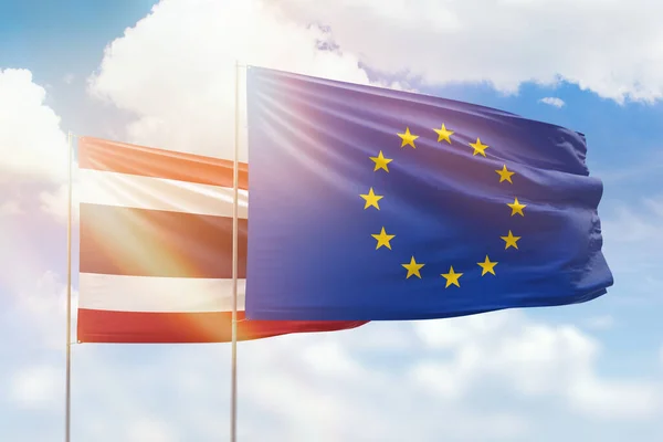 Sunny Blue Sky Flags European Union Thailand — Stock fotografie