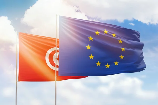 Sunny Blue Sky Flags European Union Tunisia — Stock Photo, Image