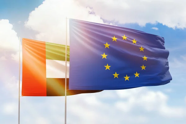 Sunny Blue Sky Flags European Union Uae — Stock Photo, Image