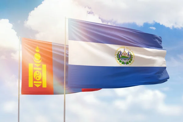 Sunny Blue Sky Flags Salvador Mongolia — 스톡 사진