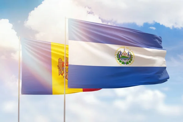 Sunny Blue Sky Flags Salvador Moldova — Stockfoto