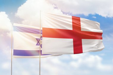 Sunny blue sky and flags of england and israel