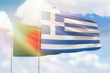 Sunny blue sky and flags of greece and bangladesh