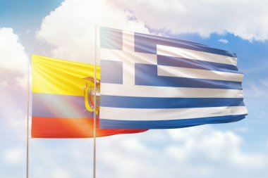 Sunny blue sky and flags of greece and ecuador