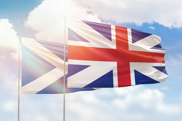Sunny Blue Sky Flags Great Britain Scotland — Stockfoto