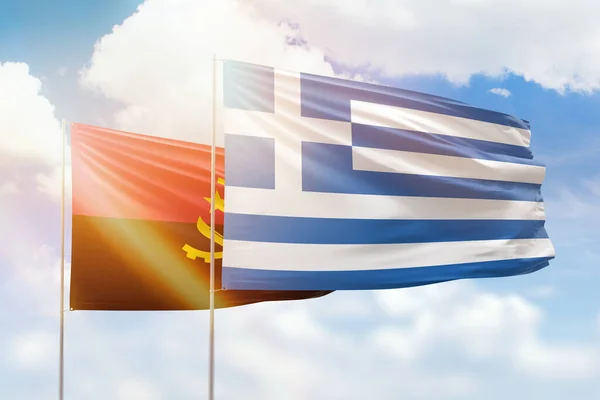 Sunny Blue Sky Flags Greece Angola — Stok fotoğraf